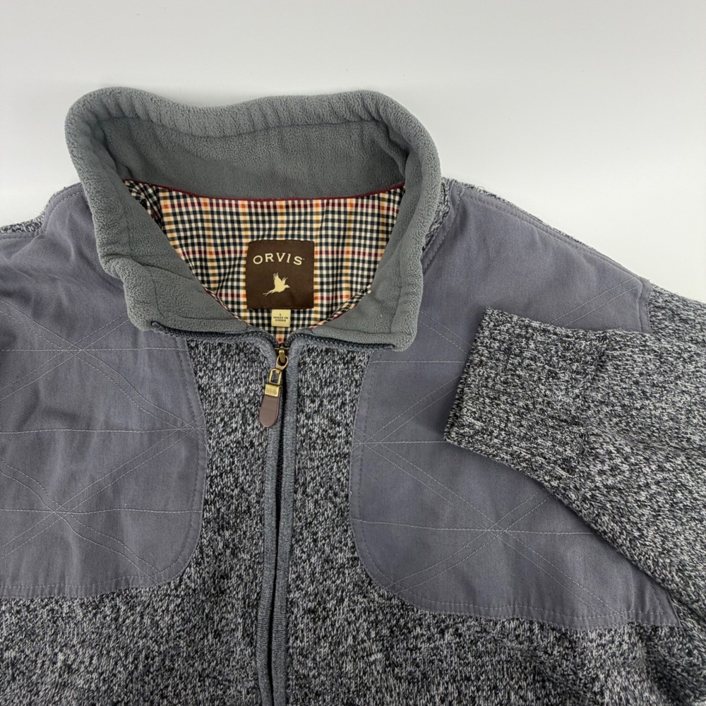 Orvis Mens Gray Full Zip Shooting Sweater Jacket Plaid Lined Field Large L